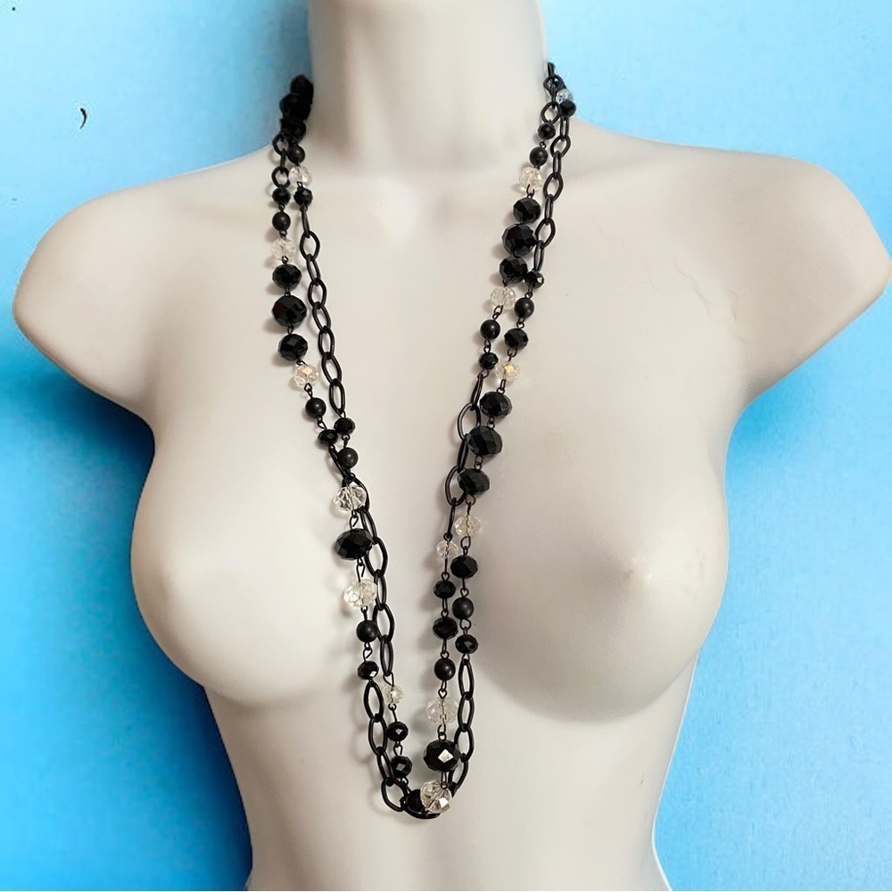 Black & Clear Glass Beads Chain Long Necklace